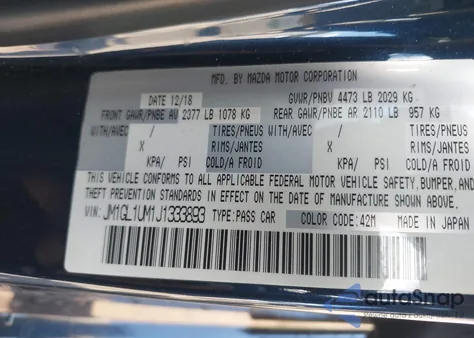 2018 Mazda Mazda6 Sport from USA, damaged, VIN JM1GL1UM1J1333893